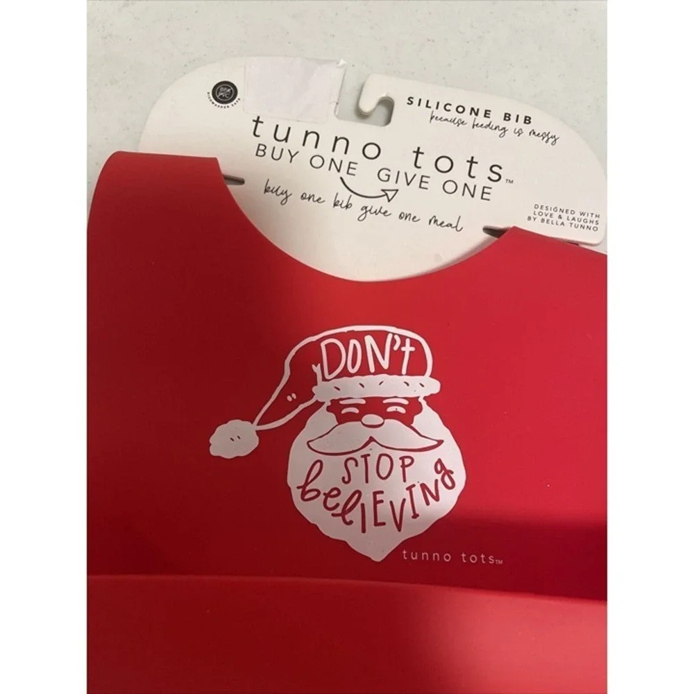 Tunno Tots Red Silicone Don't Stop Believing Santa Christmas Catch Pocket Bib